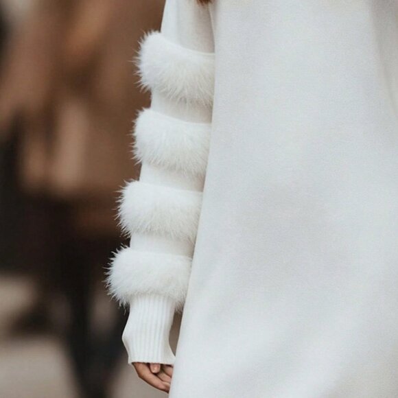 White Casual Women's Fluffy Knit Sweater Dress - Picture 3 of 4